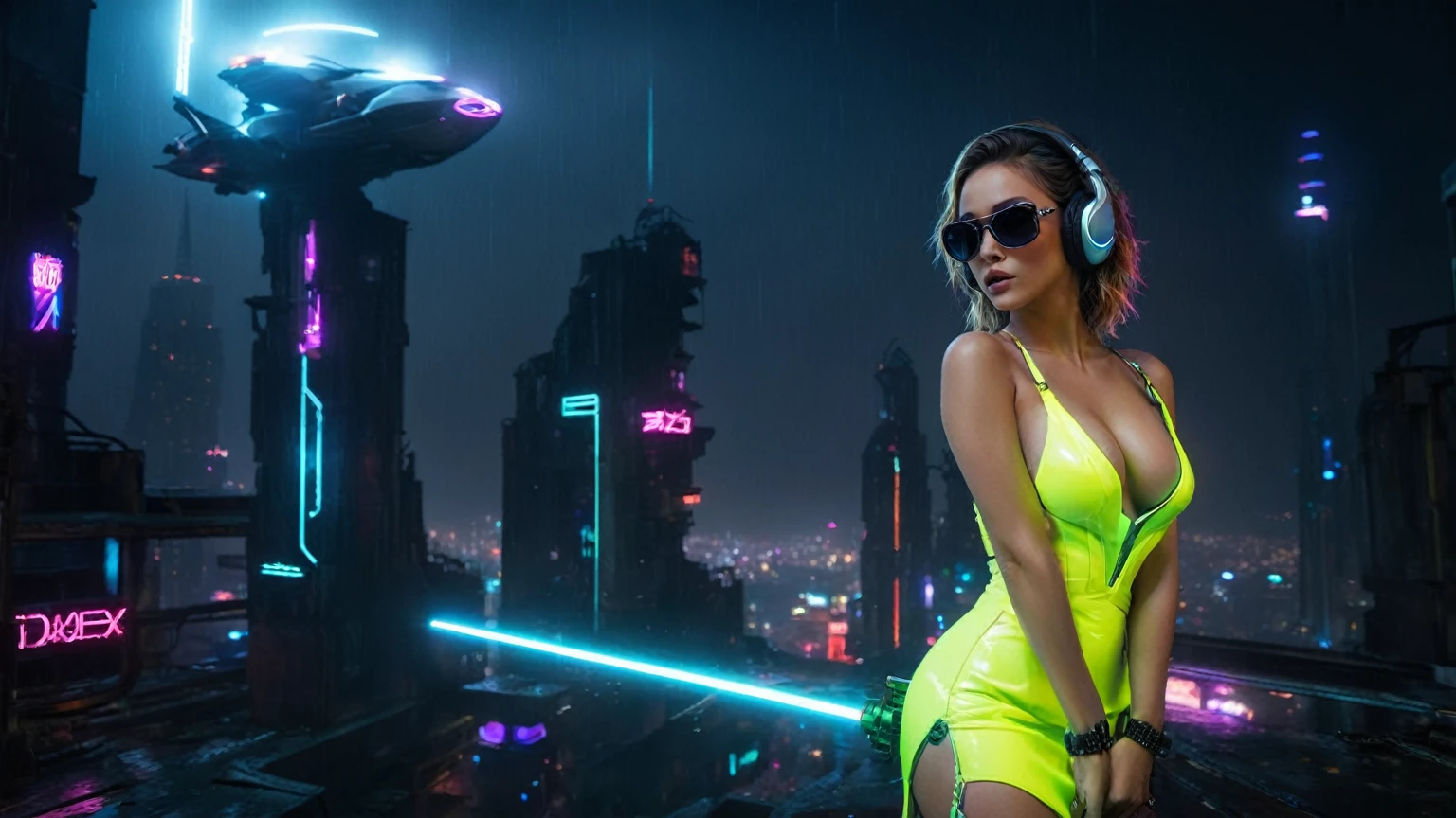 (aerial view, a flying cars docking platform, a very dark abandoned futuristic city, neon lights), rainy night. (((1girl, solo, alone))), large-breast:1.2 slim body, cleavage:1.1, sexy wind blowing wet dress:1.4, (((headphone, black sunglasses, standing and holding pistol:1.8, dynamic rushing pose))), (((((half-body thigh level medium shot))))), cinematic lighting, lens flare, ray tracing.