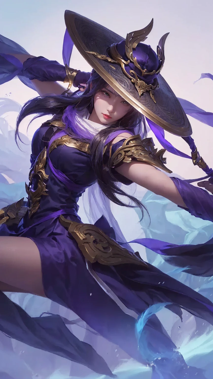 a woman in a purple outfit holding a sword and a purple hat, irelia, ashe, inspired by Ju Lian, inspired by Shen Zhou, extremely detailed artgerm, inspired by Yi Jaegwan, inspired by Li Mei-shu, inspired by Yi Yuanji, official splash art, inspired by Lan Ying, trending artgerm, splash art