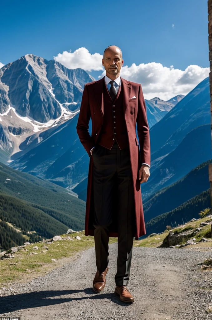 Man, 44 years old, slender, European, in costume , fashionable , against the background of mountains