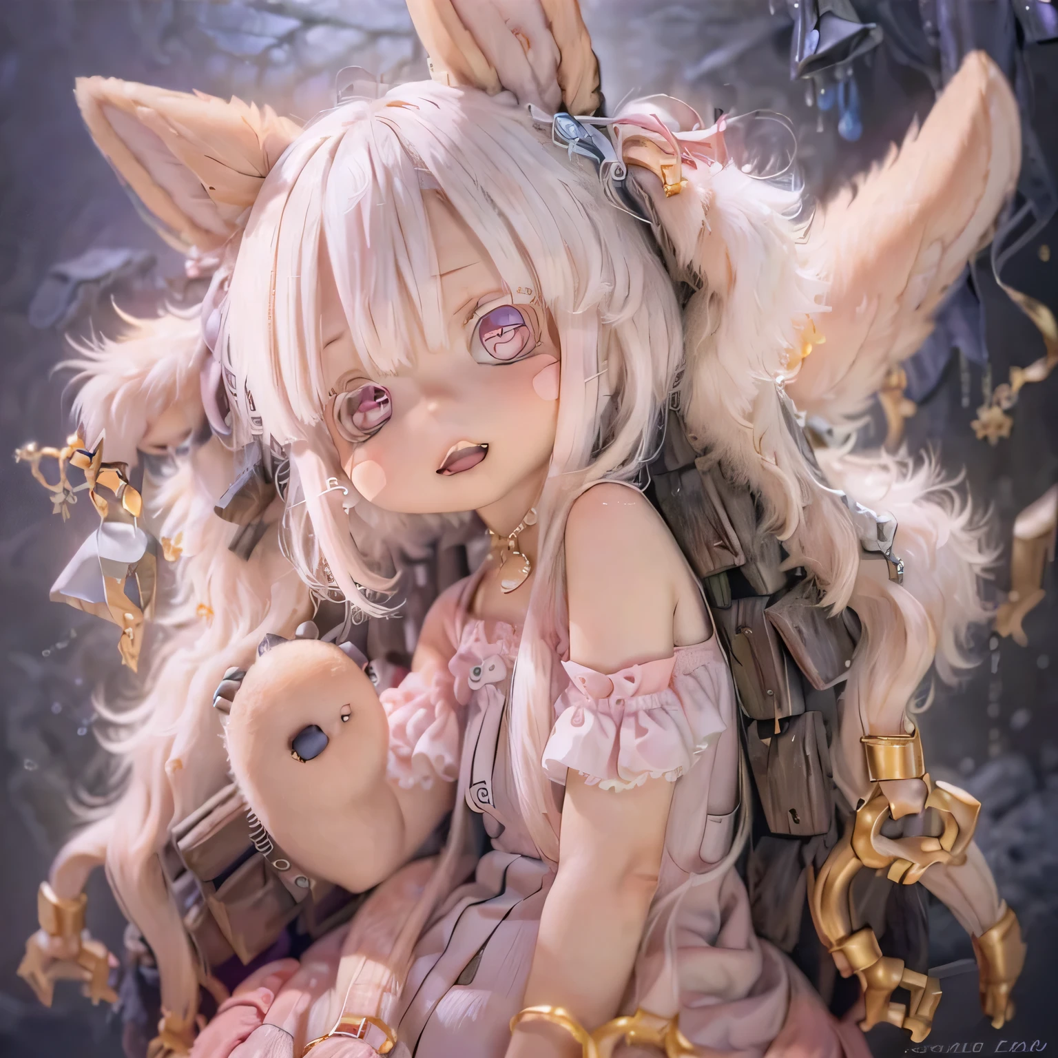 in the garden, Smiling girl, Similar to Nanachi from Made in Abyss. She is beautiful, Beautiful eyes and lips. girl (((Chibi Style,))) . Image quality is excellent, Highly detailed and realistic features. The medium of this work is、Combining illustration and photorealistic rendering.. The colors are vivid、The lighting creates a warm and bright atmosphere。 whole body(((((Cute pink dress)))))Contrasting