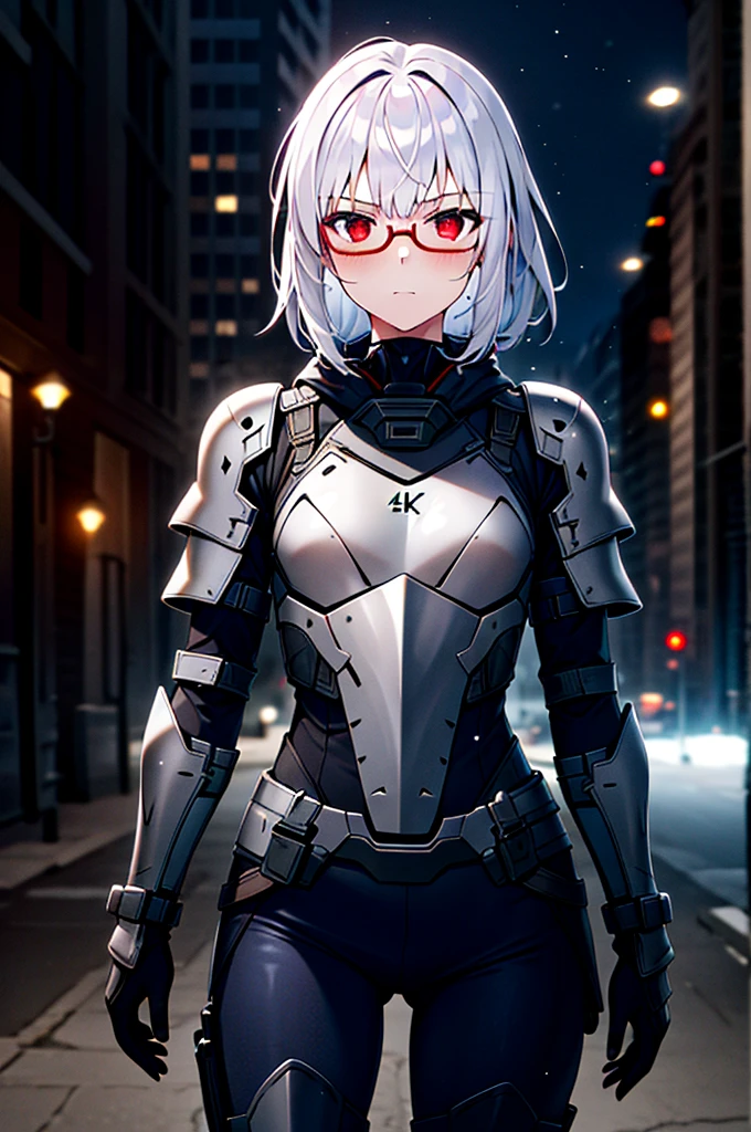 Masterpiece, solo, female, 1girl, 4k, standing, outdoor, white hair, white glasses, short, futuristic black soldier armor, cowboy shot's, Bokeh,red eyes, female soldier, bulletproof soldier armor, flat breast, flat chest, mature women
