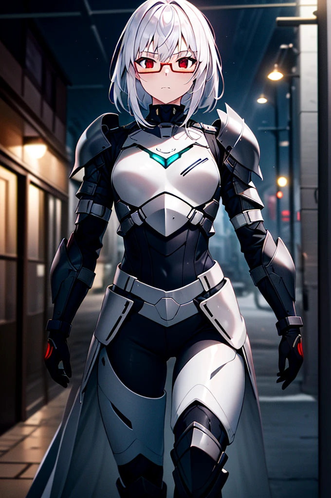 Masterpiece, solo, female, 1girl, 4k, standing, outdoor, white hair, white glasses, short, futuristic black soldier armor, cowboy shot's, Bokeh,red eyes, female soldier, bulletproof soldier armor, flat breast, flat chest, mature women
