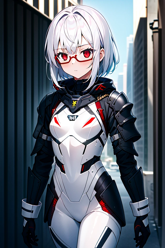 Masterpiece, solo, female, 1girl, 4k, standing, outdoor, white hair, white glasses, short, futuristic black soldier armor, cowboy shot's, Bokeh,red eyes, female soldier, bulletproof soldier armor, flat breast, flat chest, mature women