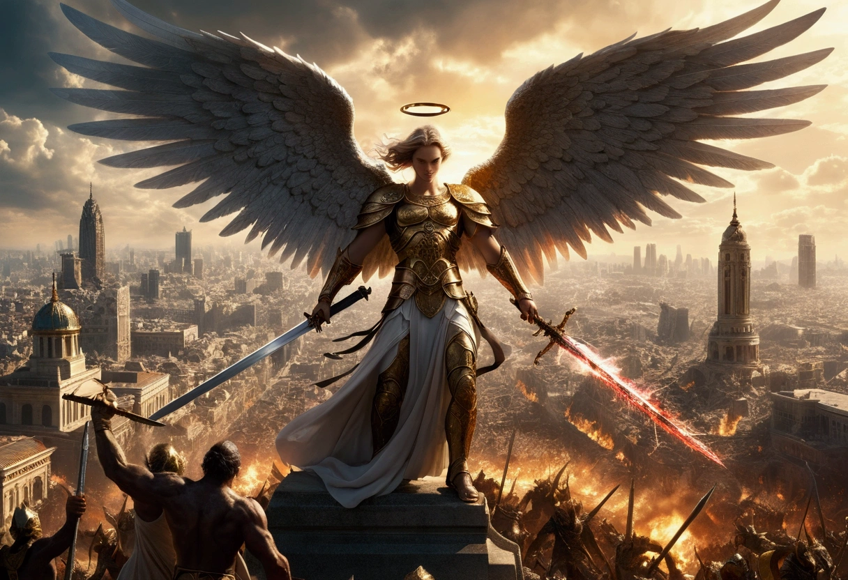 Bright angel with wings spread over a city and with a sword in the midst of a large army of demons