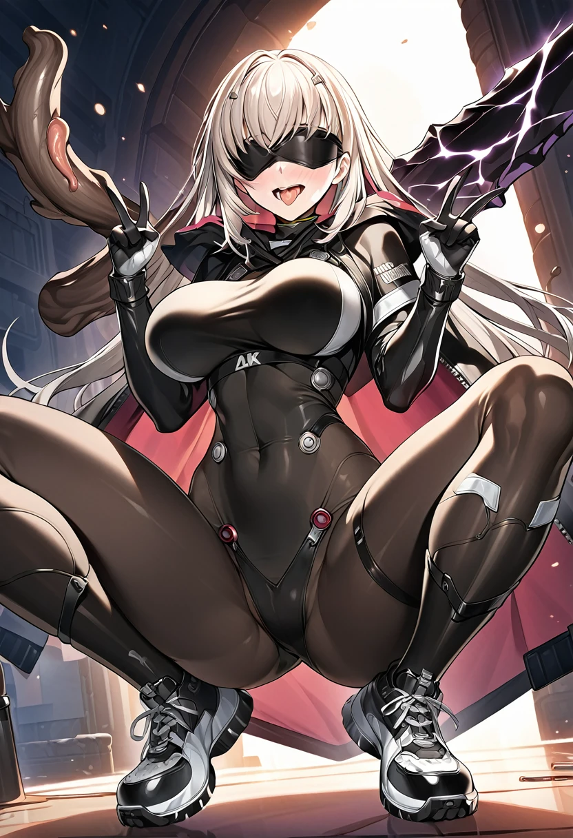( hands_up, piece_sign, double_v:1.1), hood, jacket, body suit, black clothes, black wear, (((black tights))), weapon, cowboy shot, (((blindfold))), beautiful face, masterpiece, super fine illustration, ultra high res, masterwork, best quality, cg unity 8k wallpaper, official art, ultra detailed, squatting, full face blush, smile broadly, evil smile, fucked silly, vulgarity, rape face, open legs, groin, spread legs, head to toe, super detailed skin, open mouth, stick out tongue, long tongue, tongue out, tongue, gleaming skin, oil skin, shiny skin, breasts, shoes, groin focus, happy, perfect hands, perfect fingers, gloves, five fingers, bangs,