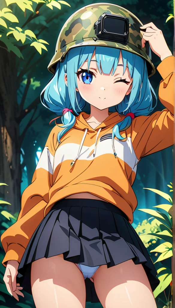 (anime artwork, anime style, studio anime, very detailed, up to date, vibrant, Anime Coloring, high contrast, masterpiece:1.2, best quality, best aesthetics),camouflage clothing girl,camouflage  helmet, pleated skirt, Medium chest, A glimpse of thighs, blue twintail hair, One eye is hidden by the bangs, perfect proportions, high detail skin, Cute, detailed faces, random sexy pose,forest, precise fingers,panty shot 
