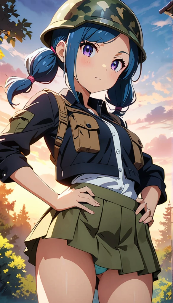 (anime artwork, anime style, studio anime, very detailed, up to date, vibrant, Anime Coloring, high contrast, masterpiece:1.2, best quality, best aesthetics),camouflage clothing girl,camouflage helmet, pleated skirt, Medium chest, A glimpse of thighs, blue twintail hair, One eye is hidden by the bangs, perfect proportions, high detail skin, Cute, detailed faces, random sexy pose,forest, precise fingers,panty shot
