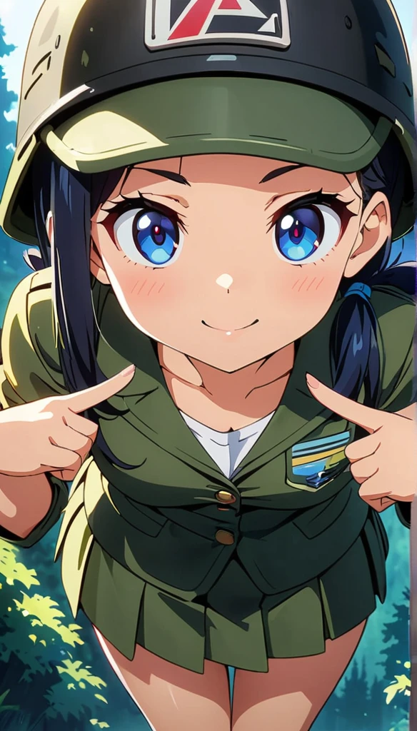 (anime artwork, anime style, studio anime, very detailed, up to date, vibrant, Anime Coloring, high contrast, masterpiece:1.2, best quality, best aesthetics),camouflage clothing girl,camouflage helmet, pleated skirt, Medium chest, A glimpse of thighs, blue twintail hair, One eye is hidden by the bangs, perfect proportions, high detail skin, Cute, detailed faces, random sexy pose,forest, precise fingers,panty shot