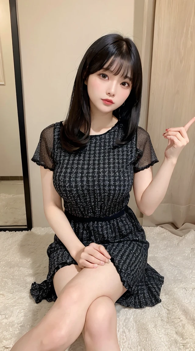 (Highest quality、8k、32K、masterpiece、Best Quality、Realistic）)、Black Hair、Medium Hair、Short bangs、（Small breasts、Wearing a short-sleeved dress:1.3）、Small breasts、Selfie、Sitting、M-shaped legs、Idol、room、Wearing loose cloth shorts
