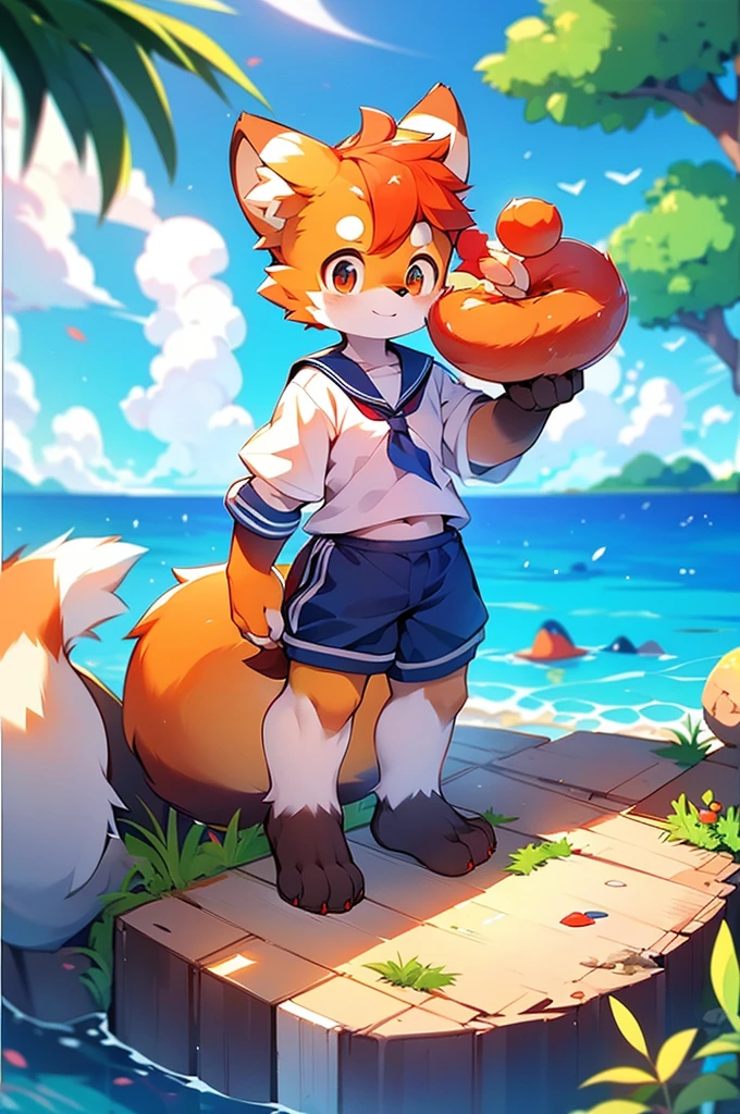 Red Panda Boy,8k resolution,Furry, Ocean,Sailor uniform,Red collar,Two legs,Stand on your feet! towering,lanky,lanky