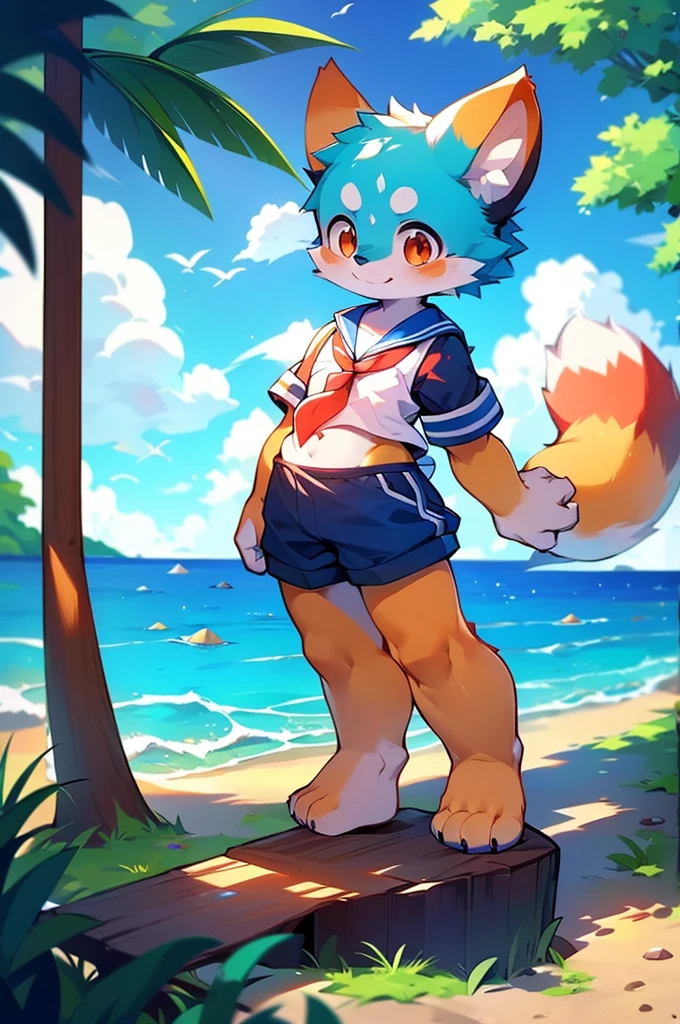 Red Panda Boy,8k resolution,Furry,          Ocean,Sailor uniform,Red collar,Two legs,Stand on your feet！                towering,lanky,lanky