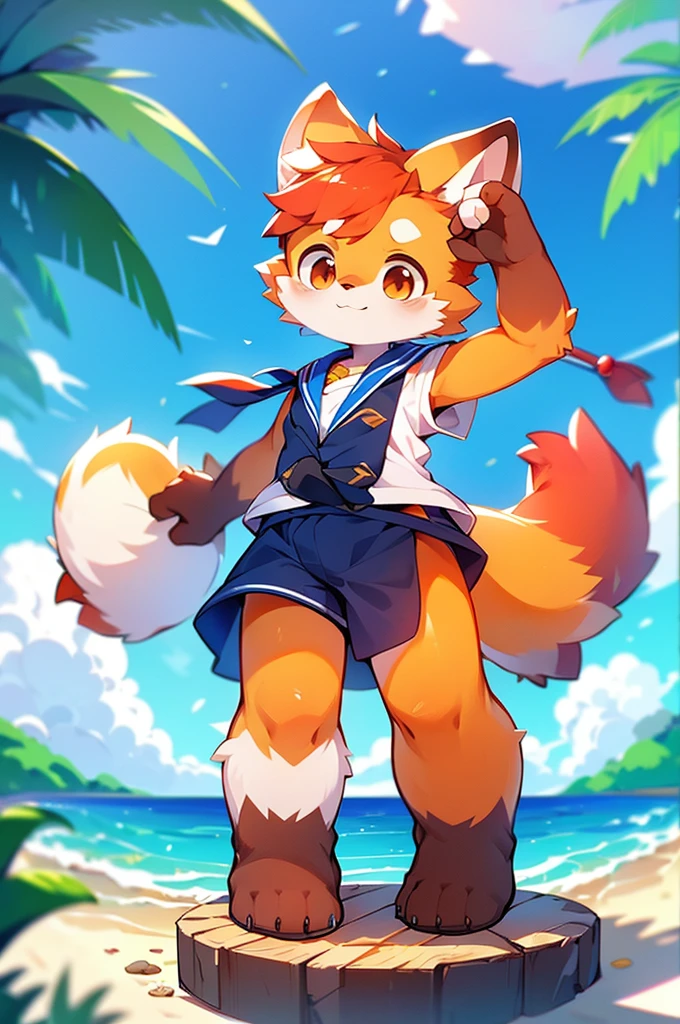 Red Panda Boy,8k resolution,Furry, Ocean,Sailor uniform,Red collar,Two legs,Stand on your feet! towering,lanky,lanky