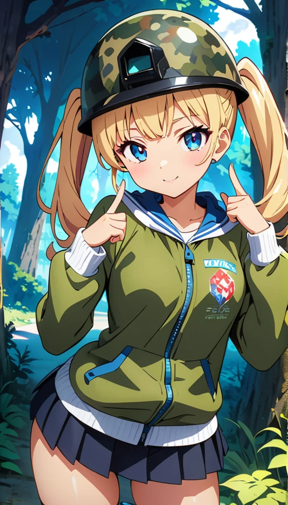 (anime artwork, anime style, studio anime, very detailed, up to date, vibrant, Anime Coloring, high contrast, masterpiece:1.2, best quality, best aesthetics),camouflage clothing girl,camouflage  helmet, pleated skirt, Medium chest, A glimpse of thighs, blue twintail hair, One eye is hidden by the bangs, perfect proportions, high detail skin, Cute, detailed faces, random sexy pose,forest, precise fingers,panty shot 