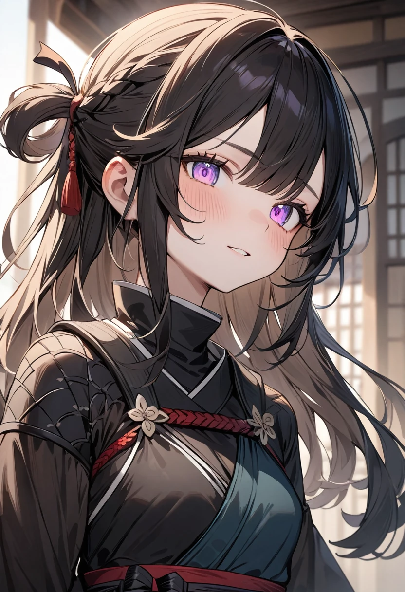 (masterpiece, top quality, very aesthetic, 4k、illustration), intricate detail, 1girl,Standing 、(upper body)、clear face、()、,
Cute 、Random Hair Color、,middle hair,sidelock ,Random Color　eyes、ninja clothes、small breasts、Slim 、