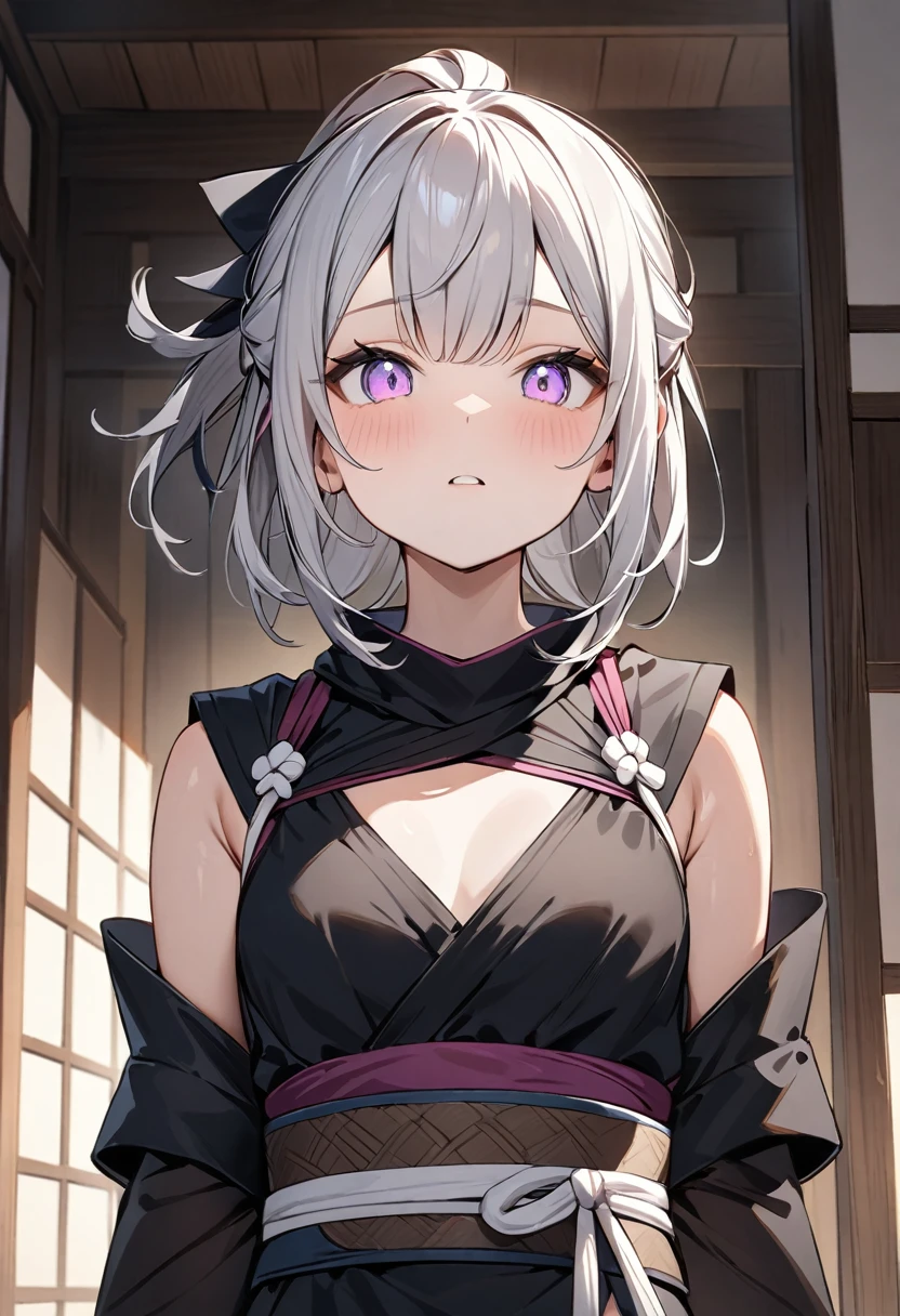 (masterpiece, top quality, very aesthetic, 4k、illustration), intricate detail, 1girl,Standing 、(upper body)、clear face、()、,
Cute 、Random Hair Color、,middle hair,sidelock ,Random Color　eyes、ninja clothes、small breasts、Slim 、