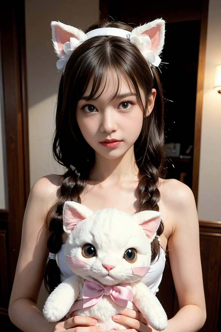 One girl, naked, Animal ears, Purple eyes, Brown Hair, wing, alone, Long Hair, blush, Cat耳, Flowers, View your viewers, Braid, bow, dress, pink Flowers, bow, hair accessory, bangs, Cat, Hair Flower, Animal ears毛, Holding, Virtual YouTuber, Blue ribbon, Holding animal, Catwoman, stuffed toy