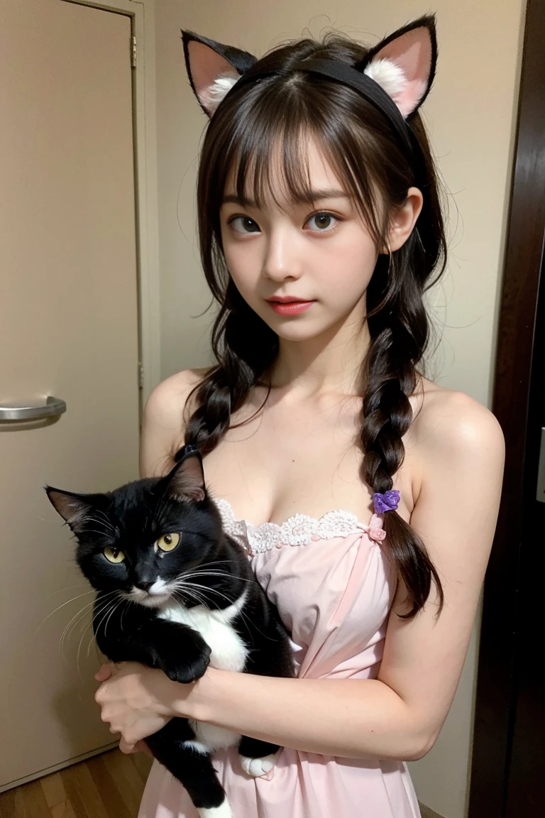 One girl, naked, Animal ears, Purple eyes, Brown Hair, wing, alone, Long Hair, blush, Cat耳, Flowers, View your viewers, Braid, bow, dress, pink Flowers, bow, hair accessory, bangs, Cat, Hair Flower, Animal ears毛, Holding, Virtual YouTuber, Blue ribbon, Holding animal, Catwoman, stuffed toy