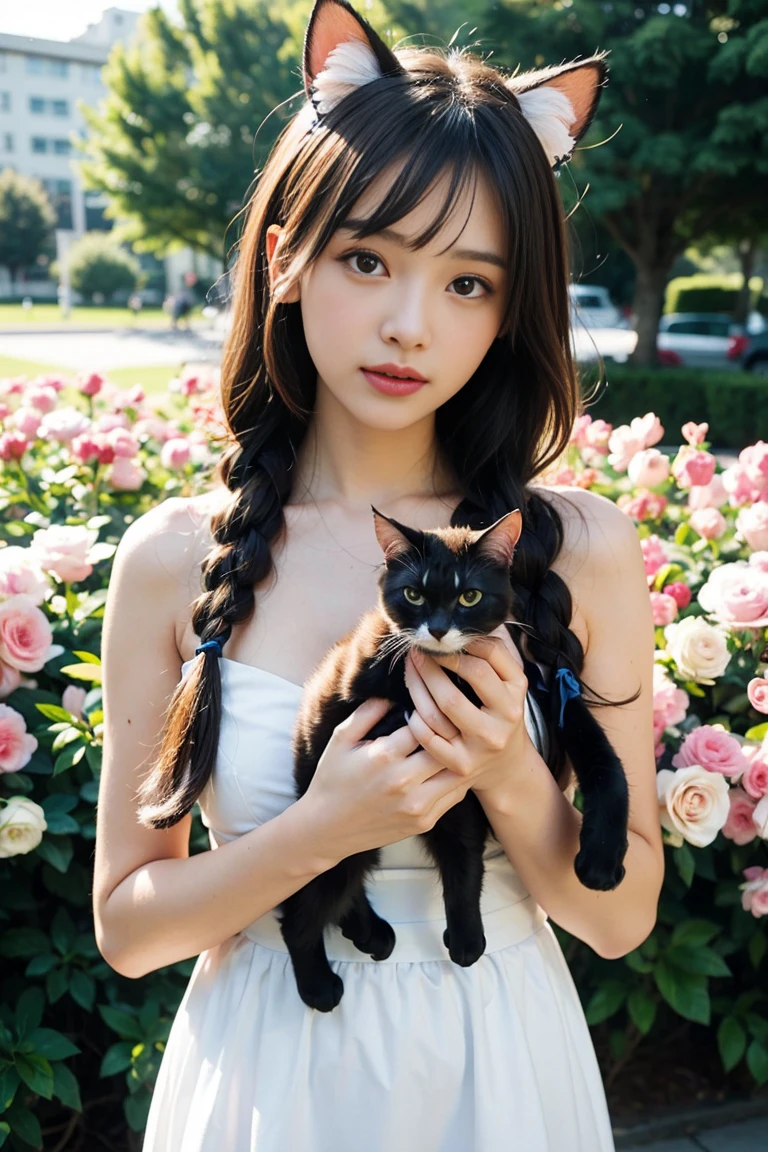 One girl, naked, Animal ears, Purple eyes, Brown Hair, wing, alone, Long Hair, blush, Cat耳, Flowers, View your viewers, Braid, bow, dress, pink Flowers, bow, hair accessory, bangs, Cat, Hair Flower, Animal ears毛, Holding, Virtual YouTuber, Blue ribbon, Holding animal, Catwoman, stuffed toy