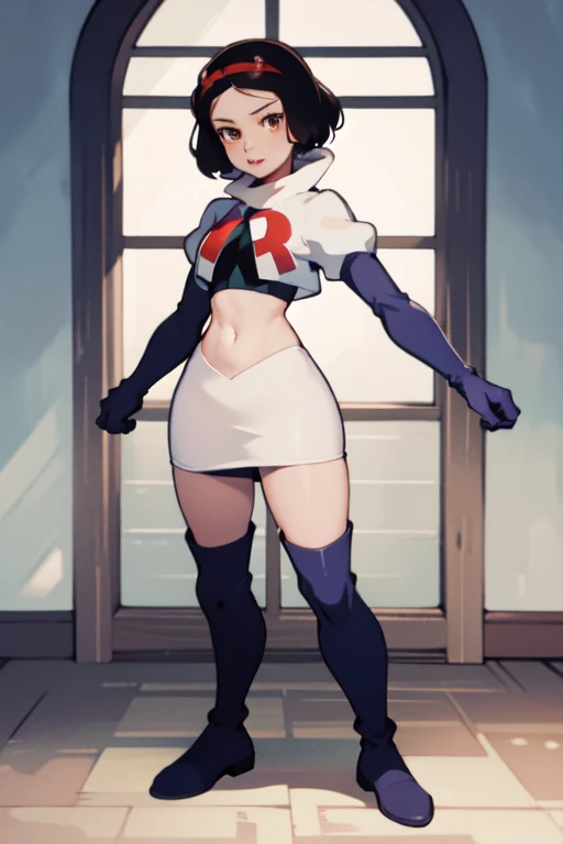 Masterpiece, 1girl, solo,   SnowWhite, short hair, black hair, smooth hair, bow, brown eyes, lipstick, red lipstick, pale skin, hair bow, hairband, team rocket,team rocket uniform,white skirt, shiny glossy pantyhose,  letter R,crop ,top,black thighboots,black elbow gloves cowboy shot, looking at viewer, full body view,  