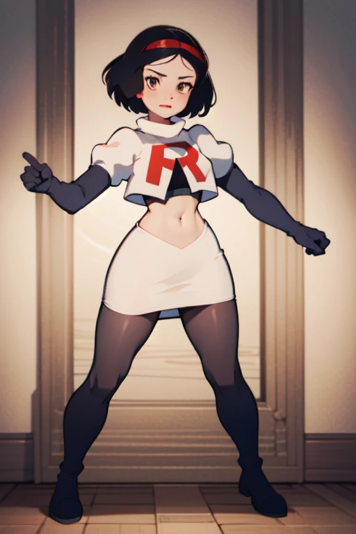 Masterpiece, 1girl, solo,   SnowWhite, short hair, black hair, smooth hair, bow, brown eyes, lipstick, red lipstick, pale skin, hair bow, hairband, team rocket,team rocket uniform,white skirt, shiny glossy pantyhose,  letter R,crop ,top,black thighboots,black elbow gloves cowboy shot, looking at viewer, full body view,  