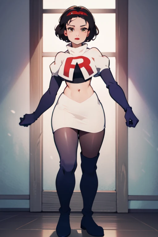 Masterpiece, 1girl, solo,   SnowWhite, short hair, black hair, smooth hair, bow, brown eyes, lipstick, red lipstick, pale skin, hair bow, hairband, team rocket,team rocket uniform,white skirt, shiny glossy pantyhose,  letter R,crop ,top,black thighboots,black elbow gloves cowboy shot, looking at viewer, full body view,  