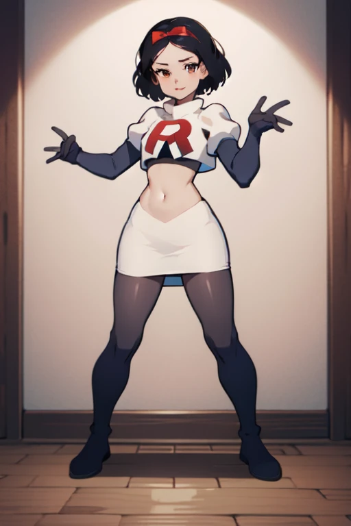 Masterpiece, 1girl, solo,   SnowWhite, short hair, black hair, smooth hair, bow, brown eyes, lipstick, red lipstick, pale skin, hair bow, hairband, team rocket,team rocket uniform,white skirt, shiny glossy pantyhose,  letter R,crop ,top,black thighboots,black elbow gloves cowboy shot, looking at viewer, full body view,  