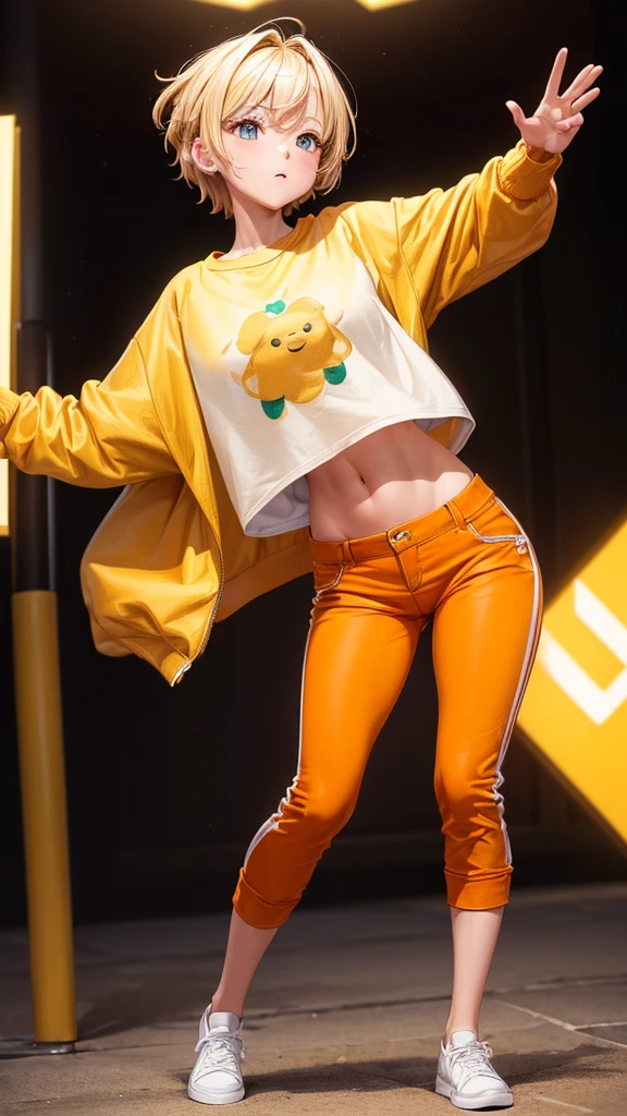 (masterpiece, highest quality, ultra high res, ultra detailed:1.3), 1 cute girl, ideal ratio body proportions, blonde short hair, (orange sweatshirt with a single yellow line, brown pants:1.1), 1 fist raised higher than head,