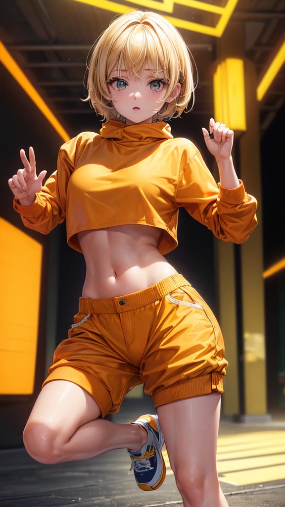 (masterpiece, highest quality, ultra high res, ultra detailed:1.3), 1 cute girl, ideal ratio body proportions, blonde short hair, (orange sweatshirt with a single yellow line, brown pants:1.1), 1 fist raised higher than head,