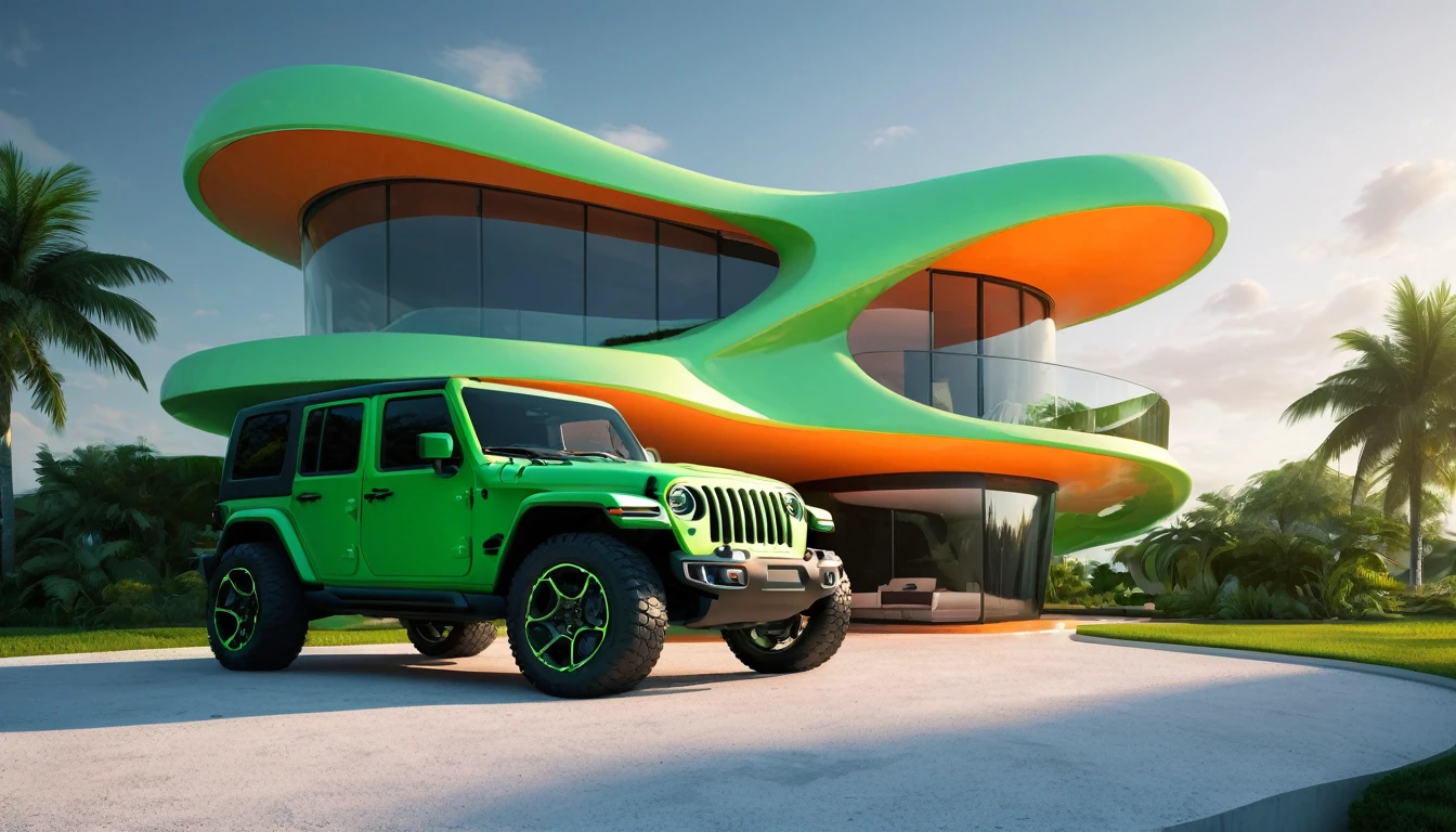 a futuristic house with a floresent green jeep wrangler parked in front of it, cgsocietywlop, beautiful curves, intricate devilish designs, qualia, interesting shapes & form, wow factor, elaborate polished, architectural rendering, miami, orange soft lighting in interior of house, futuristic battlefield, inspired by James E. Brewton, precise architectural rendering