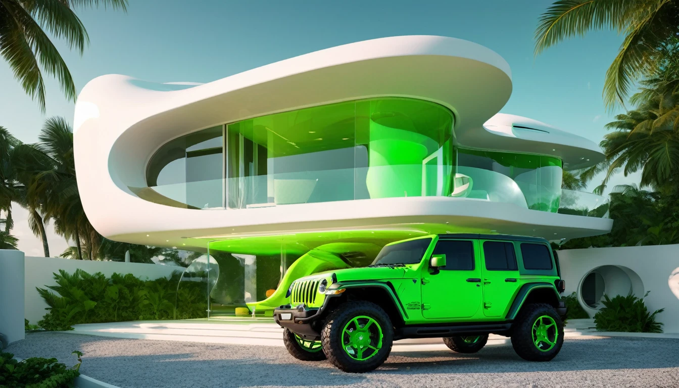 a futuristic house with a floresent green jeep wrangler parked in front of it, cgsocietywlop, beautiful curves, intricate devilish designs, qualia, interesting shapes & form, wow factor, elaborate polished, architectural rendering, miami, orange soft lighting in interior of house, futuristic battlefield, inspired by James E. Brewton, precise architectural rendering