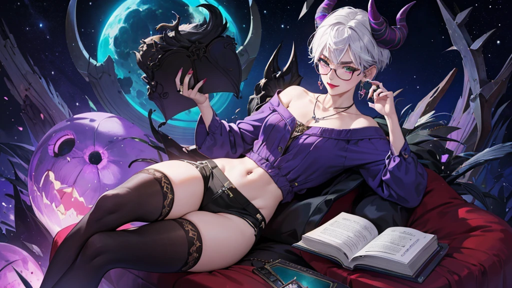 8k, masterpiece, best quality, highly detailed, 1 girl, tiefling, warlock, multicolored hair, very short straight hair green highlight hair on white hair, strippled hair, wearing glasses, round glasses, earrings, navel piercing, miniskirt, red eyeshadow, long eyelashes, blushed cheek, red lips, necklace, rings, collarbone, mole, glamorous, teal clothing, purple clothes, smirk, close up view, rings, looking at viewer, demon horns, solo, nightmarish landscape, blue pale moon, sitting, cosmic horror, decaying, holding books