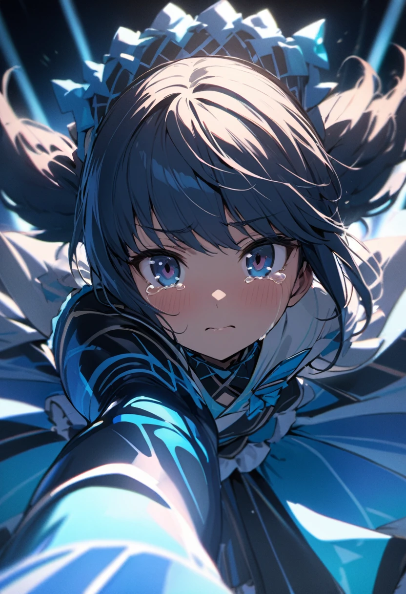 (Shima rin), cool, dramatic pose, (masterpiece, best quality, ultra detailed), (cinematic lighting), blue idol costume, (pov, ), (looking at viewer), incoming hug, (extremely close-up of face, ), kindly, gently, ( tears, ),