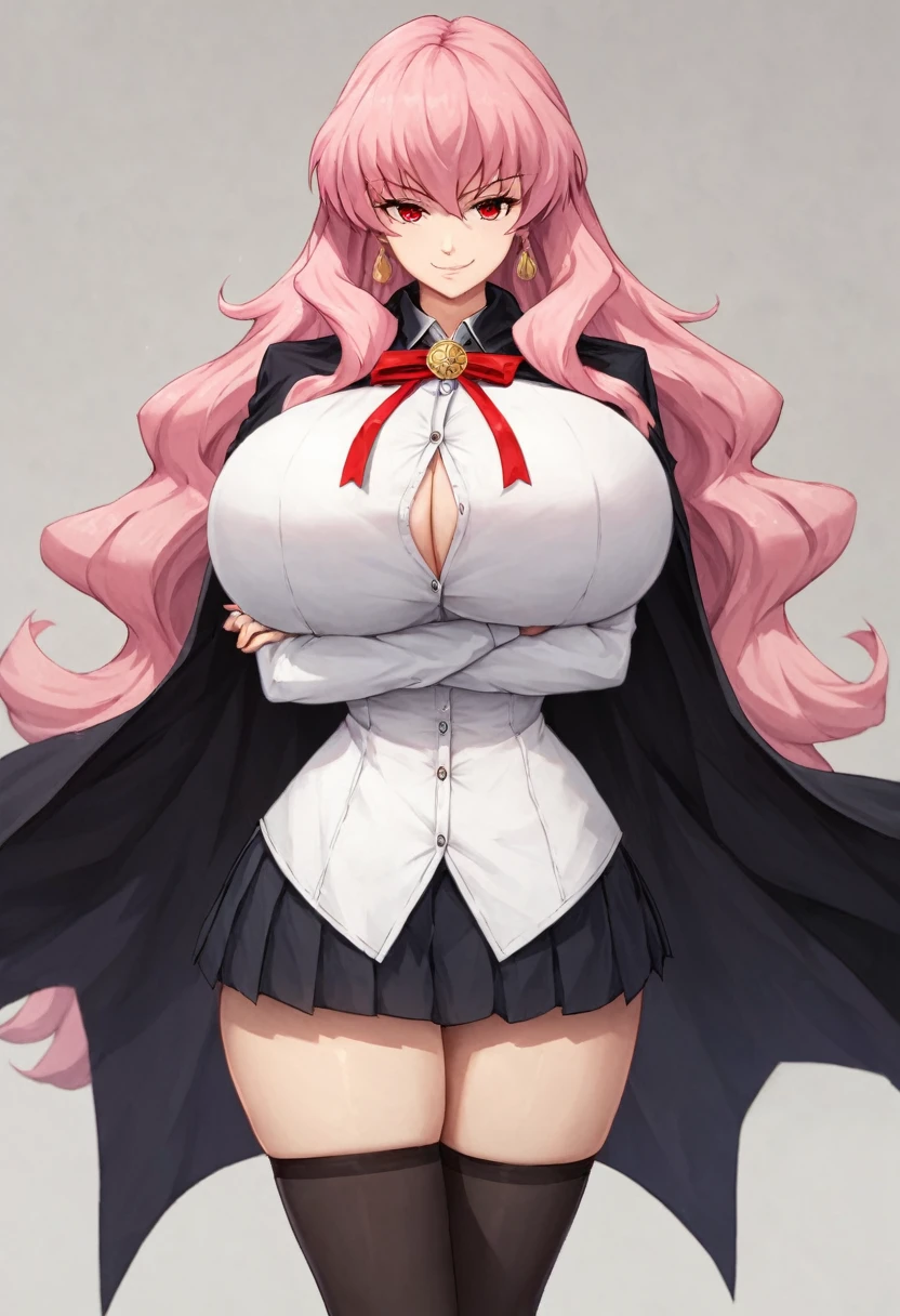 detailed, masterpiece, best quality,
1girl, score 9, score 8 up, score 7 up,

narrow waist, gigantic breasts, wide hips, huge ass, thick thighs, 

louise francoise le blanc de la valliere, smug, black cape, black skirt, black thighhighs, cape, crossed arms, dress shirt, long hair, long sleeves, pentacle, pink hair, pleated skirt, red eyes, red ribbon, ribbon, shirt, skirt, solo, thighhighs, 