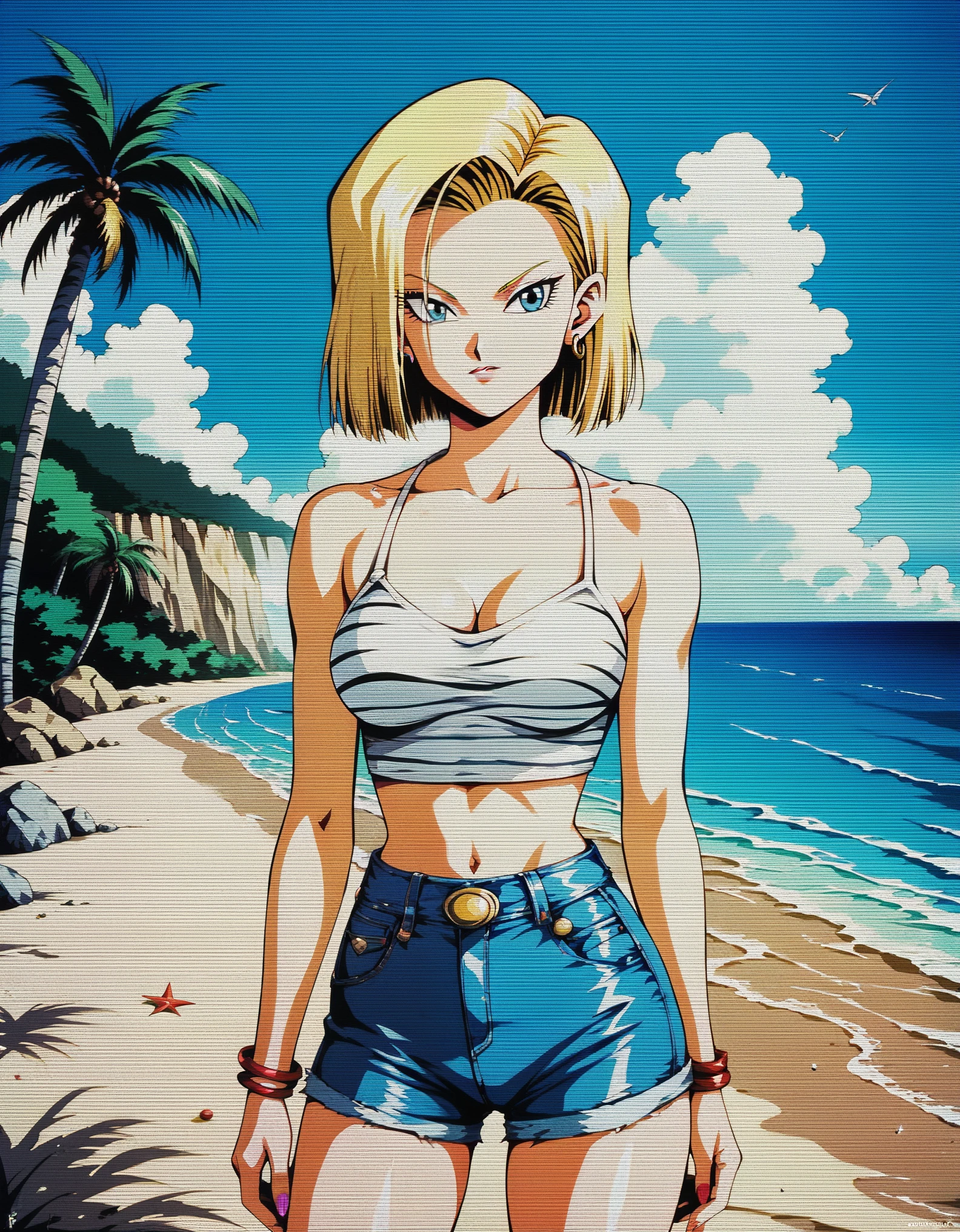 score_9, score_8_up, score_7_up, source_anime, intricate details, perfect anatomy BREAK, 1girl, android 18, (dragon ball:0.8), blonde hair, medium hair, blue eyes, denim shorts, outdoors, beach, retro anime, 1990, scanlines