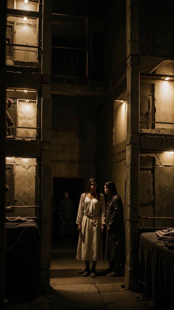 "A large, dark prison filled with numerous captives, both men and women, wearing simple, ancient garments. The atmosphere is oppressive and crowded."