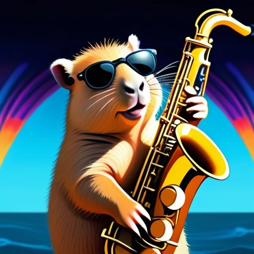 low angle, The photo shows a cute capybara wearing black sunglasses and playing the saxophone on a stage. psychedelic ocean background, the head is raised. The overall impression is humorous and adventurous. The intricate details of the mouse's fur, whiskers and claws are meticulously reproduced and make it appear lifelike.