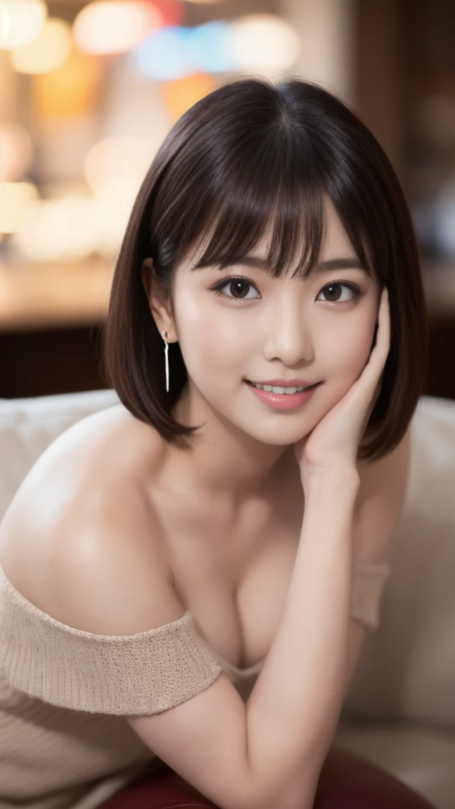 (masterpiece)、(Highest quality:1.5)、(Photorealistic:1.2)、(Surreal), (High resolution), (Realistic), (Post-processing),(Sharp focus), Sharp focus:1.2,Backlight, (Improvement of quality:1.4), (Narrow waist)、((Perfectly detailed five-fingered hands)),(Anatomically correct body)、((1 female:1.4))、Japanese、Realistic Skin、(Small chest:1.4)、Bust size is A cup、Pretty woman with perfect figure:1.4,(from the front:1.5), (Enhances the beauty of skin texture:1.1),No makeup、美しいBlack Hair、smile、Natural color lip、(Small Mouth:1.4)、The mouth is not open、Thick lips、(Oval Face)、Even bangs、Hide eyebrows with bangs、((33-year-old woman))、Bob Hair、Hair blowing in the wind, (Black Hair, Iris, Watery eyes, Shining Eyes, Bob cut hair, Small earrings,), Hair behind the ear、No makeup、(Drooping eyes)、(((One lovely woman)),((優しい大きなsmile)),(( Small breasts,Small breastsの谷間)),((((Plump Cheeks)))),very cute,(Baby Face),Raccoon face、 ((Dark interior with eye-catching neon lights、No window、Alcohol is displayed、Dark Room:1))(Photorealistic)、(Off-the-shoulder knit、Short length、Very short Burberry check mini skirt)((Neon tube background))bar counter、Sitting on the couch、Lift your legs(Erotic and seductive gravure poses))((Full Body Shot))(((I can see up to my ankles)))