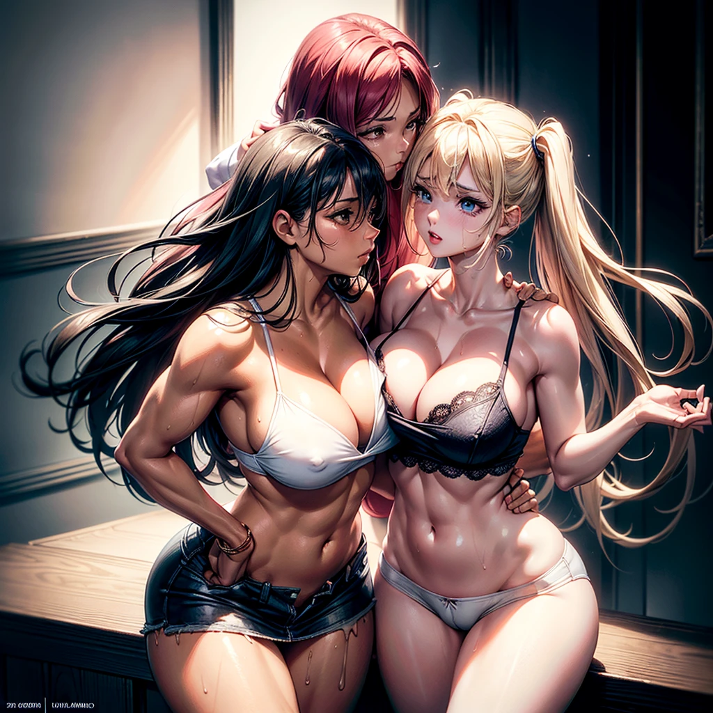 Three beauties with healthy skin, lesbians, stare into their eyes, muscles clearly visible, kissing and licking each other's breasts, saliva flowing from the corners of their mouths, posing provocatively, breasts touching each other, nipples clearly visible visible. Clothes can accidentally fall apart (come apart), get caught (causing the garment to pull on the hips), spaghetti straps on the shoulders of short T-shirts can break, and tops can slip off (causing exposure). The expression is fiery and defiant. (Masterpiece, best quality: 1.2), exaggerated blonde, beauty, pink hair, glossy skin, seductive pose, cleavage, wet skin, exposed breasts, big breasts, breast detail, healthy skin, The exaggeratedly damaged mini shorts exposed her buttocks, and the miniskirt slipped down the side of her thighs, and a large amount of thick white liquid oozed between her legs (vanilla ice cream melted, cream cheese syrup dripped) amazing ass and gaping Open legs. Details: Spread your legs, M-shaped legs, your eyes are super beautiful and shining during orgasm, and your big breasts reveal your cleavage. Light pink nipples. navel, muscular, legs spread, juicy, wet, seductive, big breasts, cleavage exposed, navel, oily skin, blonde, long straight hair, schoolgirl cut, cosplay, late night, wet, sweaty armpits, (exquisite Face shape))): 1.6), Field Bokeh, (Detailed Background), Perfect Layered Crop, (Full Body Shot/Cowboy Shot/Side View), 8K, Gorgeous Lips, (Masterpiece), ((Best) Quality), (Super Detailed)), ((Sexy; 1.5)) Very beautiful, richly illustrated, perfectly composed, intricately detailed, extremely fine facial details, (Anime, Masterpiece, Complex: 1.3), (Highest Quality, Characteristic Textures, High Detail: 1.2), (4k), (Extreme Detail: 1.4) Moody Lighting