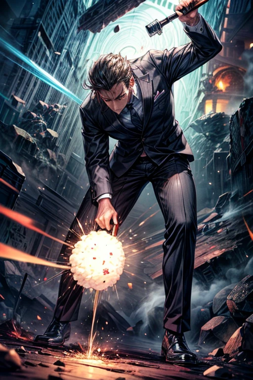 A man in a business suit pounding mochi with all his might,Huge thick hammer,Broken Ground,Light emanating from the ground,A tense face,Ground destruction,shock wave,Flying Rocks