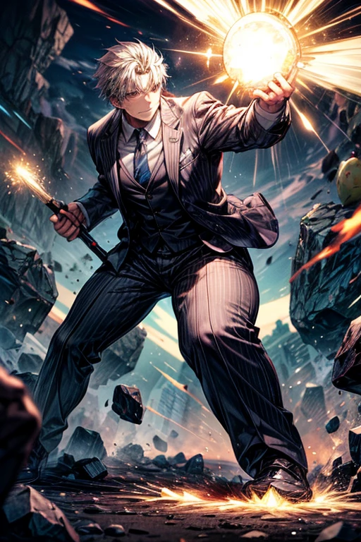 A man in a business suit pounding mochi with all his might,Huge thick hammer,Broken Ground,Light emanating from the ground,A tense face,Ground destruction,shock wave,Flying Rocks