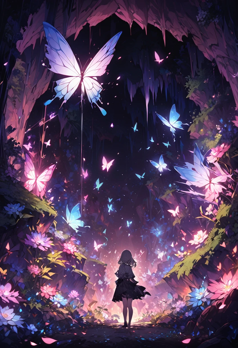 (masterpiece, Highest quality, High resolution), One girl, alone,
Breaking dark background, Black background, Depth of written boundary,
fractal, Line art background, Colorful background, Flowers, petal,
Rim Light, crystallization, cave, butterfly, Vegetation,