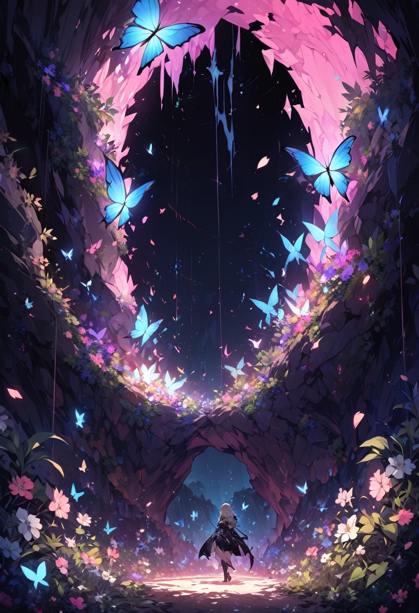(masterpiece, Highest quality, High resolution), One girl, alone,
Breaking dark background, Black background, Depth of written boundary,
fractal, Line art background, Colorful background, Flowers, petal,
Rim Light, crystallization, cave, butterfly, Vegetation,
