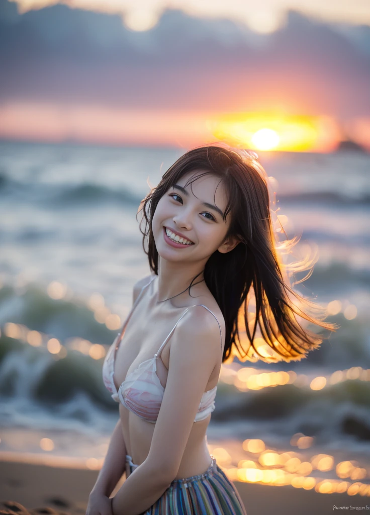 22year old beautiful girl、Beauty、Japanese、cute、beautiful girl、slim、Highest quality、Realistic、16K、panoramic、((Best Quality, 8k, Masterpiece: 1.3)), 1 girl, full body, slim face, beautiful woman,Only one girl、((Perfect body)))、(masterpiece)、((Highest quality))、(Ultra-detailed)、((Very delicate and beautiful))、(((Very shallow depth of field)))、Hmph,(((Unbelievably absurd)))、((Perfect body)))、(((Black-haired)))、(((Shortcuts)))、(Okabo Hair)、(((Looking into the camera)))、(((The best smile that makes you happy)))、白のレースドレス、Dynamic Angle、Female focus、{Particles of light}、Delicate background、((Paul Hedley)))、Soft lighting、(Dramatic sunset)、sunset、Very beautiful sunset、Live Action、Realistic、Top view、Cute Smile、(The background is blurred)、大きめの胸、((wind))、(((Movement)))、(((Emotional)))、((colorful))、((Beautiful Teeth)) 、Flare、Ocean background、Shooting from a distance、Full body