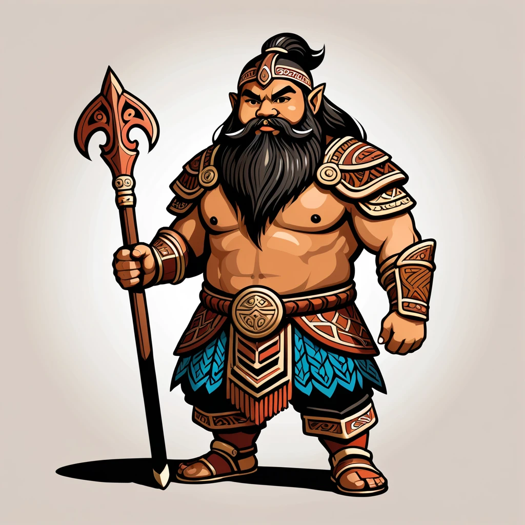 japanese dwarf paladin in maori folk outfit, vector graphics, strong contours