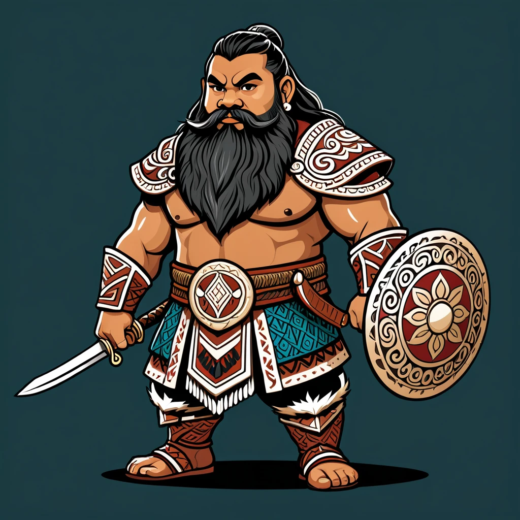japanese dwarf paladin in maori folk outfit, vector graphics, strong contours