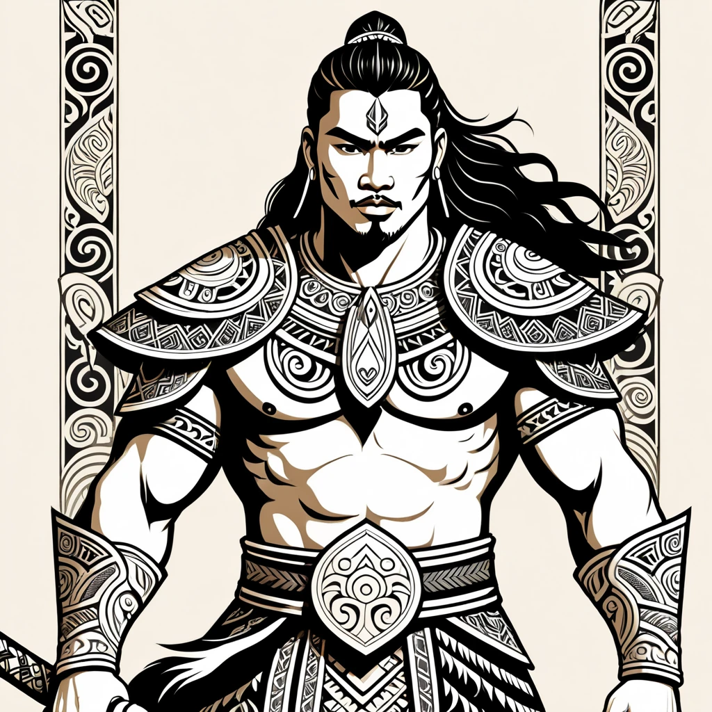 japanese paladin in maori folk outfit, vector graphics, strong contours
