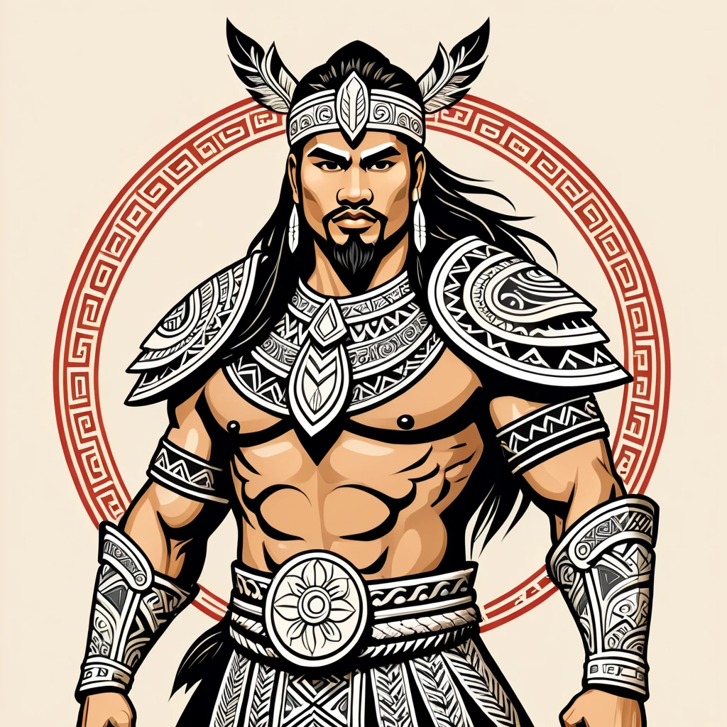 japanese paladin in maori folk outfit, vector graphics, strong contours