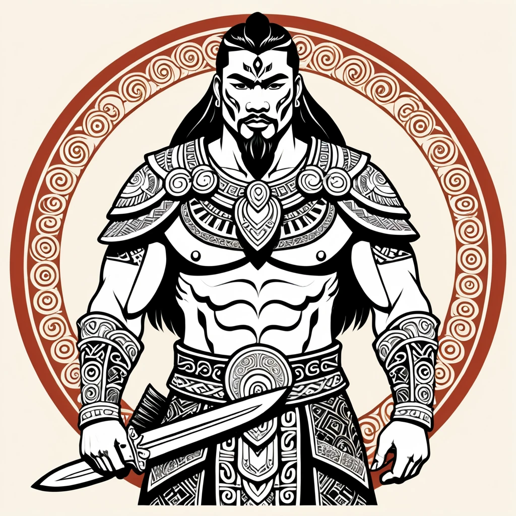 japanese paladin in maori folk outfit, vector graphics, strong contours