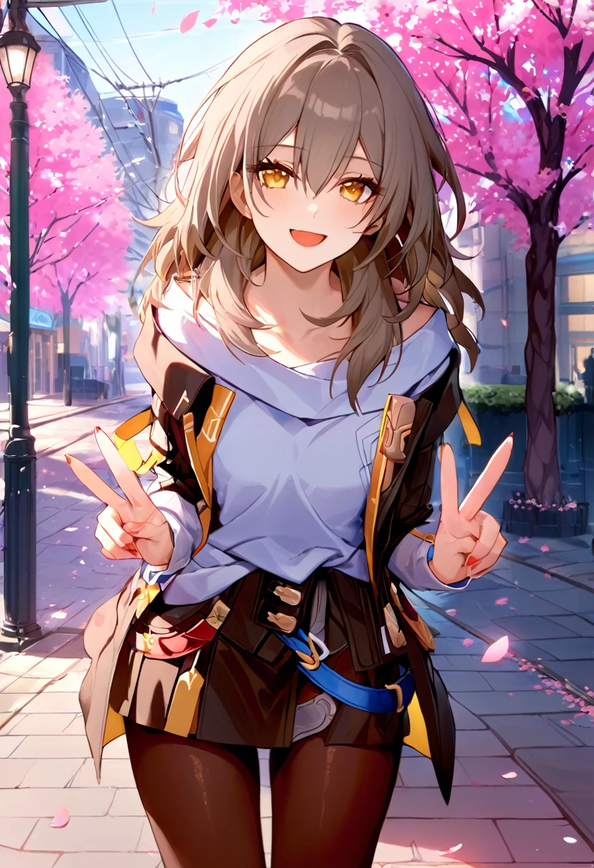 masterpiece, best quality, illustration, highres, ultra-detailed, 1girl, stelle \(honkai: star rail\), twintails, solo, , white shirt, sweater, pleated skirt, pantyhose, light smile, double v, looking at viewer, smile, open mouth, outdoors, street, cherry blossoms, petals, depth of field