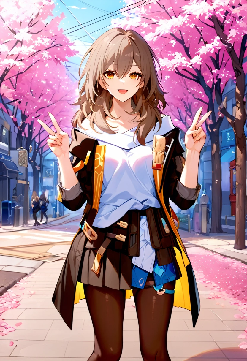 masterpiece, best quality, illustration, highres, ultra-detailed, 1girl, stelle \(honkai: star rail\), twintails, solo, , white shirt, sweater, pleated skirt, pantyhose, light smile, double v, looking at viewer, smile, open mouth, outdoors, street, cherry blossoms, petals, depth of field